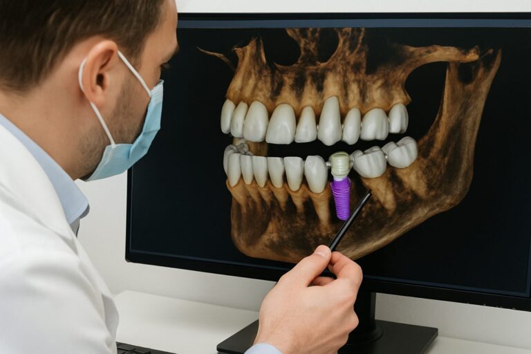 Close-up of a dentist pointing to a digital scan of a patient's mouth, highlighting the planned location for an "implant of teeth" with 3D imaging software. No text on image.