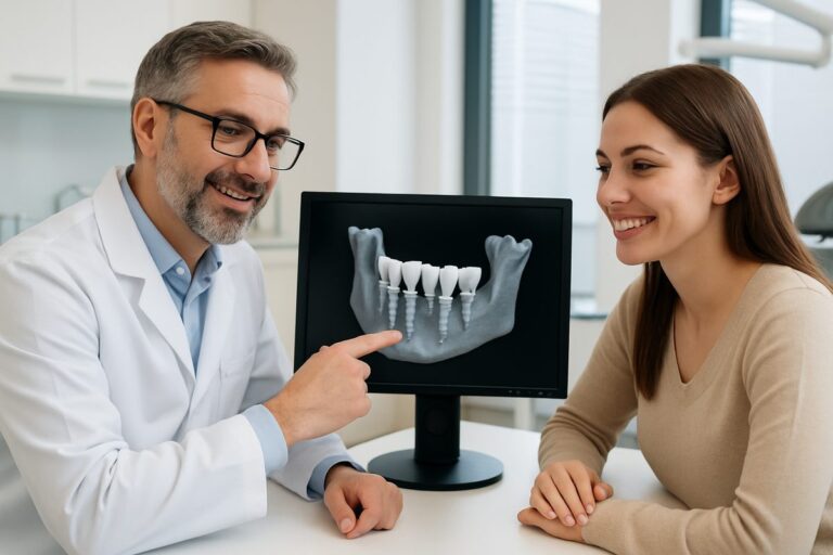 A friendly implant doctor is consulting with a smiling patient, pointing to a 3D scan of their jaw, showcasing dental implant placement options. The image should convey trust and expertise, with a modern dental office in the background and no text on the image.