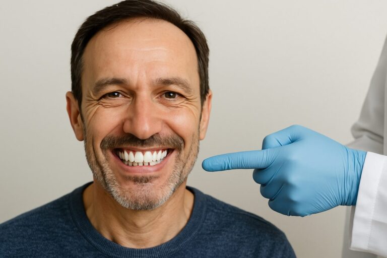 Photo of a man smiling, revealing a complete set of teeth, with dental implants seamlessly integrated. A dentist is pointing to the implants. No text on image.