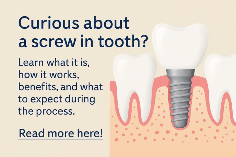 Photo of a dentist showing a patient a dental implant, abutment, and crown, explaining how the "screw in tooth" works. No text on the image.