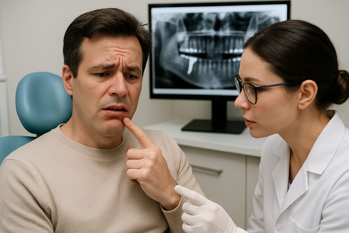 A worried patient is sitting in a dentist's chair, pointing to their lower jaw with a concerned expression. The dentist is leaning in, examining the area, with an X-ray visible in the background, highlighting a dental implant. No text on the image.