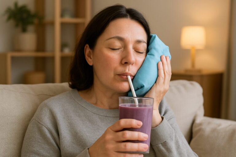 Image of a serene patient post dental implant surgery, resting comfortably at home. She has an ice pack gently applied to her cheek, and is sipping a smoothie. The background is a cozy living room setting.