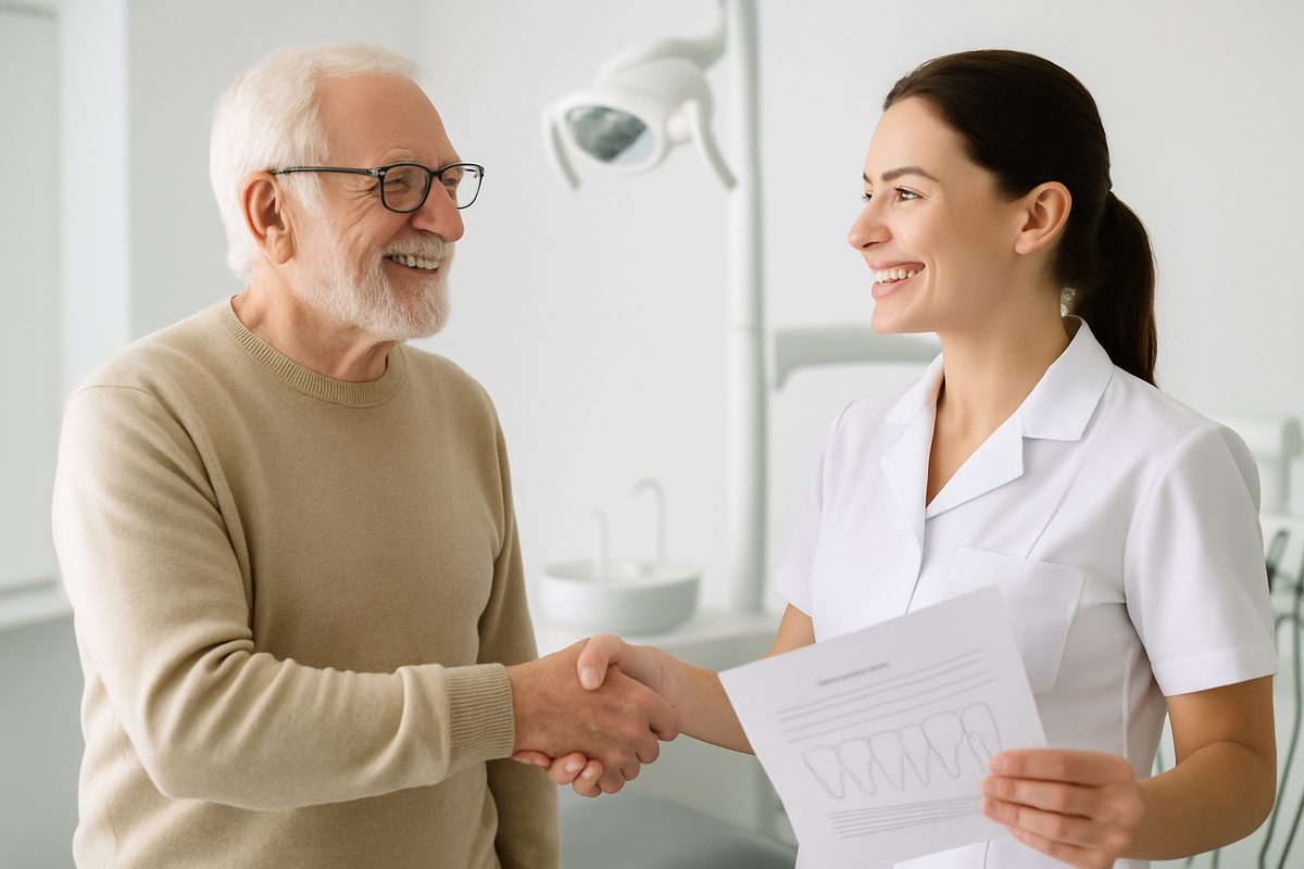 A smiling senior man is shaking hands with a friendly female dentist in a modern clinic. The dentist is holding a treatment plan, and the background shows dental equipment. No text on image.