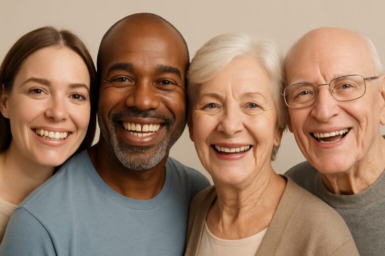 A diverse group of people smiling, showcasing various teeth replacement options: dental implants, bridges, and dentures. No text on the image.