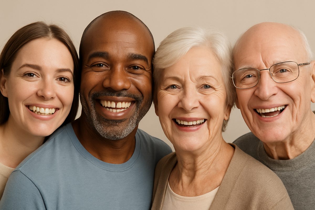 A diverse group of people smiling, showcasing various teeth replacement options: dental implants, bridges, and dentures. No text on the image.