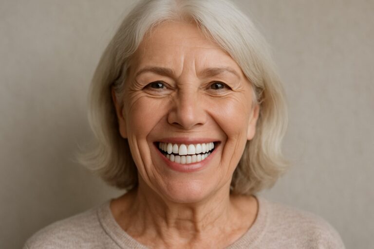 Photo of a smiling senior woman with a full set of dental implants, showcasing a natural and confident smile. No text on the image.