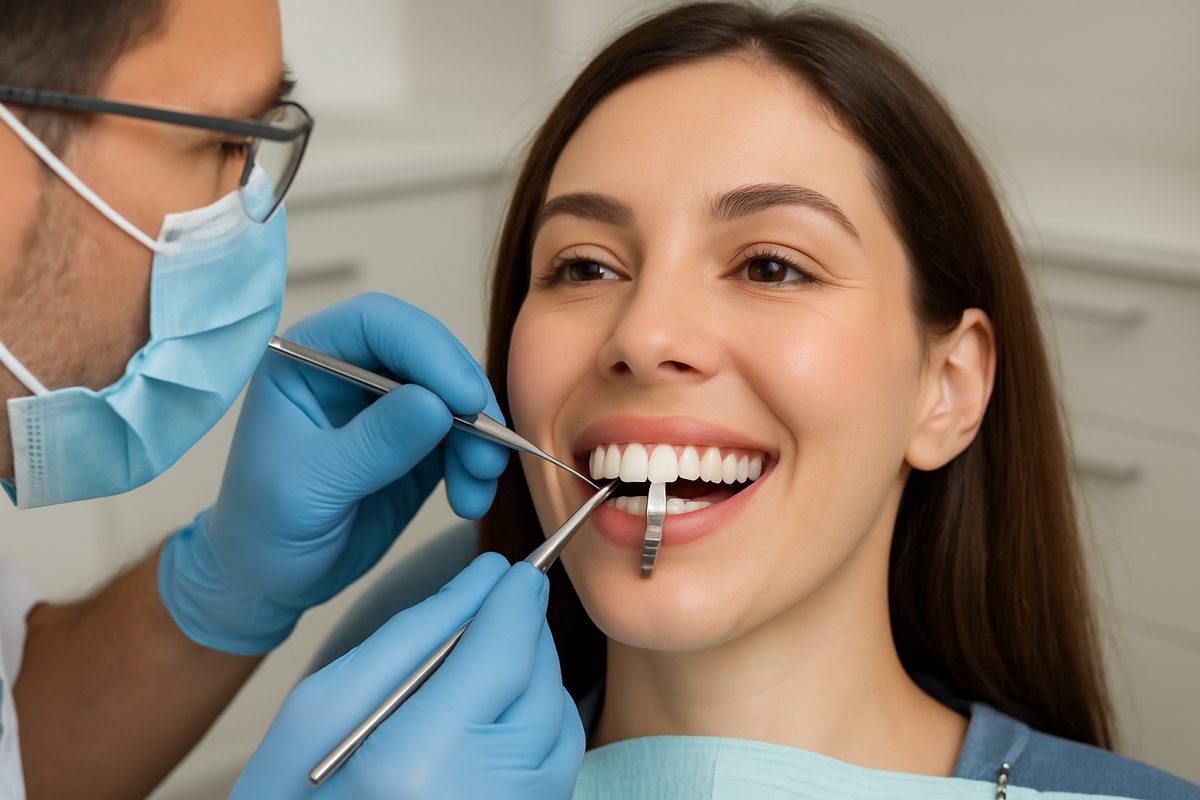 A dentist is placing an appearance implant in a patient's mouth with a focus on aesthetics. The image shows the implant seamlessly blending with the surrounding teeth, restoring the patient's natural smile. No text on image.