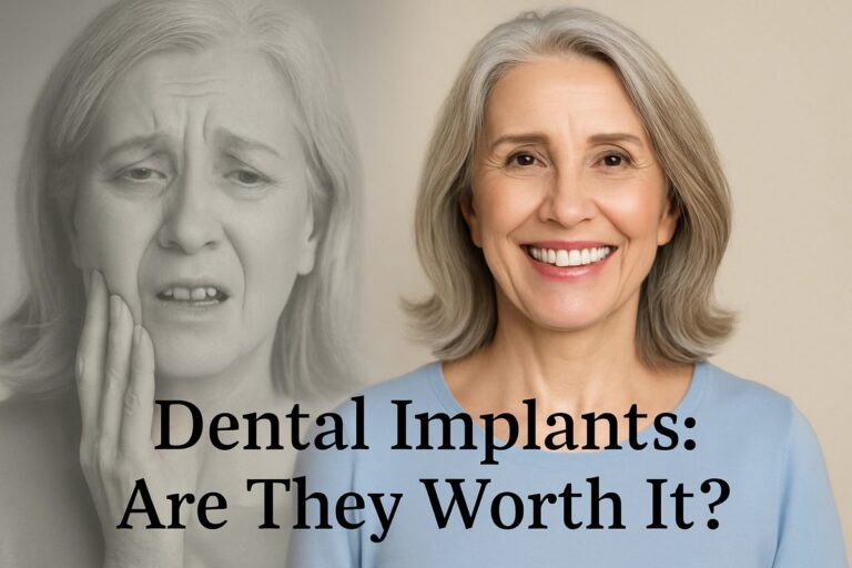Image of a smiling mature woman with dental implants, juxtaposed with a faded image of a sad woman with missing teeth. The text on the image reads "Dental Implants: Are They Worth It?"