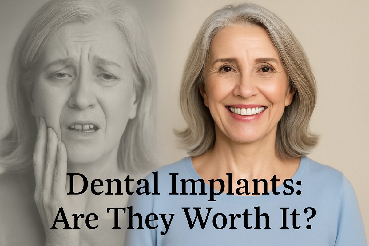 Image of a smiling mature woman with dental implants, juxtaposed with a faded image of a sad woman with missing teeth. The text on the image reads "Dental Implants: Are They Worth It?"