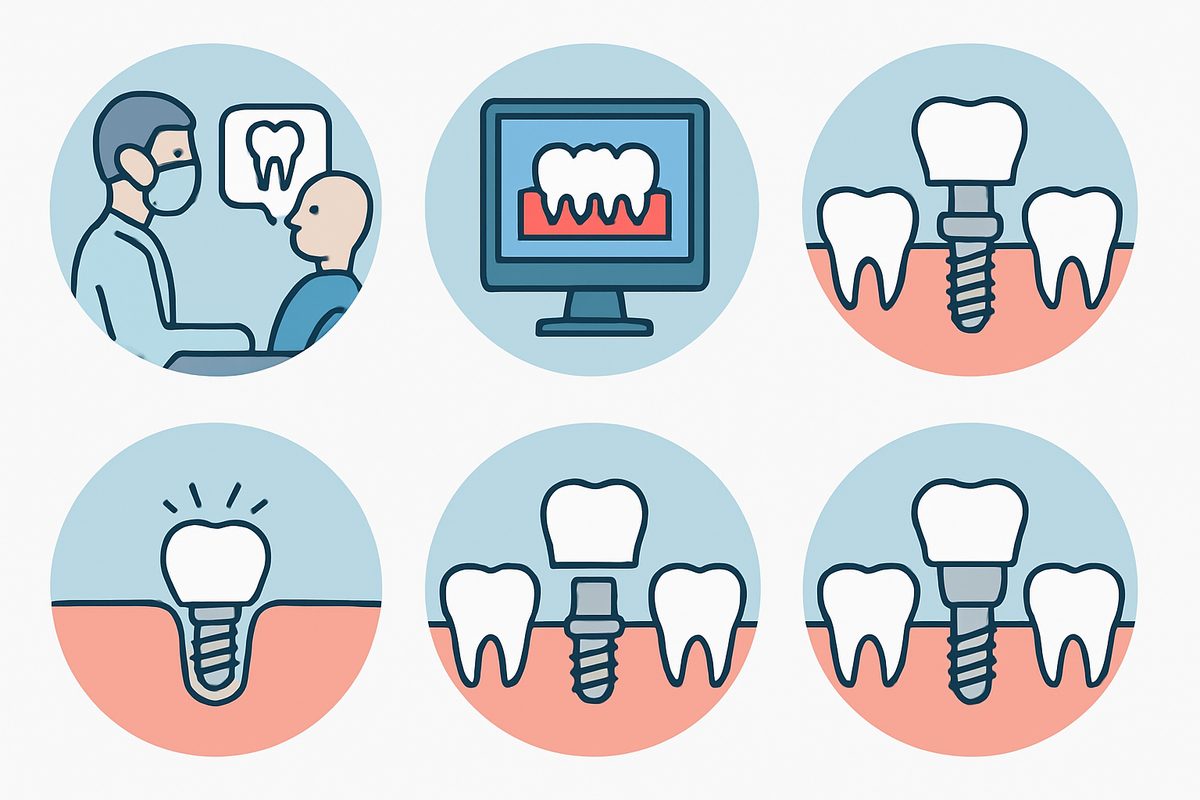 Image showcasing the dental implant steps with icons including consultation, 3D scan, implant placement, healing, abutment placement, and final crown placement. No text on image.