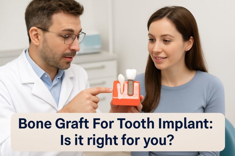 A dentist is pointing to a 3D model of a jaw with a bone graft, explaining the procedure to a patient. The image has the text "Bone Graft For Tooth Implant: Is it right for you?"