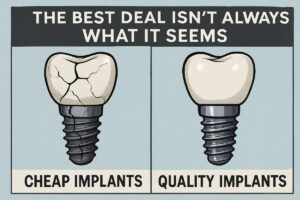 A side-by-side comparison of two dental implant options, one labeled "Cheap Implants" showing a cracked and damaged implant, and the other labeled "Quality Implants" displaying a pristine, durable implant. Text on the image says "The Best Deal Isn't Always What It Seems".