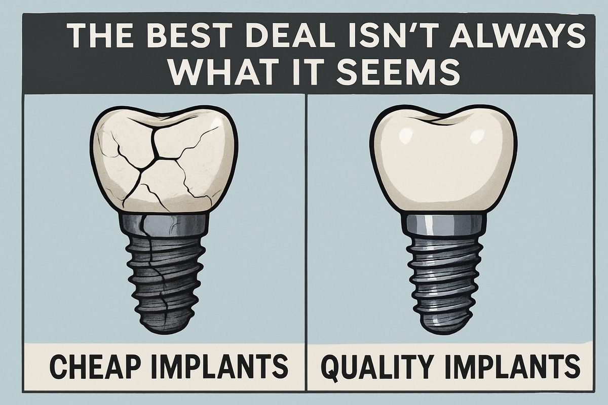 A side-by-side comparison of two dental implant options, one labeled "Cheap Implants" showing a cracked and damaged implant, and the other labeled "Quality Implants" displaying a pristine, durable implant. Text on the image says "The Best Deal Isn't Always What It Seems".