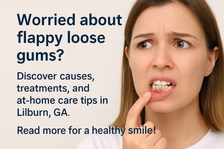 Image of a dentist in Lilburn, GA, carefully examining a patient's gums with a dental probe, highlighting the area of concern with flappy, loose gum tissue.