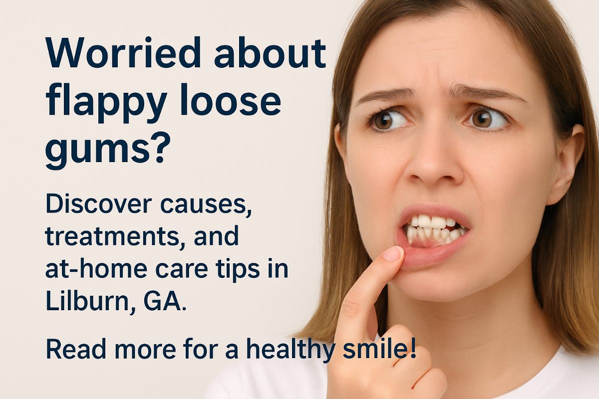 Image of a dentist in Lilburn, GA, carefully examining a patient's gums with a dental probe, highlighting the area of concern with flappy, loose gum tissue.