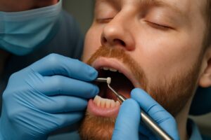 A close up of a dentist, wearing blue surgical gloves, placing a fake tooth implant into a patient's mouth. The dentist is using a small handheld tool. No text on image.