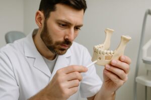 A dentist is carefully examining a 3D model of a patient's jawbone, pointing to areas where a bone graft may be needed before dental implant placement. No text on image.