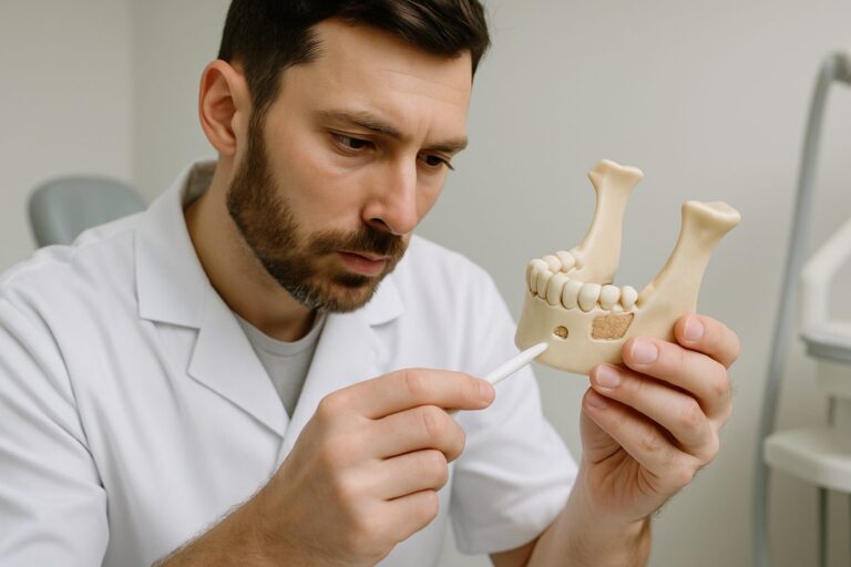 A dentist is carefully examining a 3D model of a patient's jawbone, pointing to areas where a bone graft may be needed before dental implant placement. No text on image.
