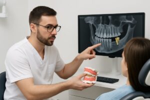 Image of a dentist showing a patient a 3D scan of their jawbone, pointing out the area where a bone graft is needed for a future tooth implant. No text on the image.