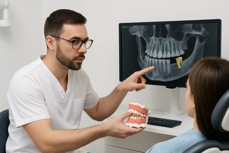 Image of a dentist showing a patient a 3D scan of their jawbone, pointing out the area where a bone graft is needed for a future tooth implant. No text on the image.