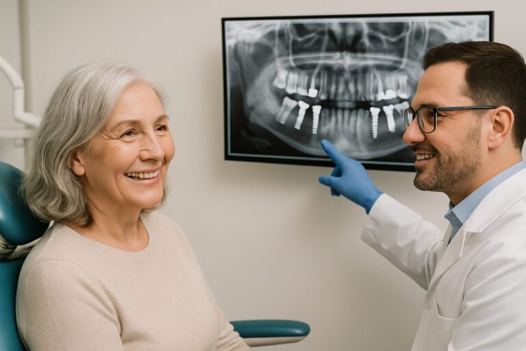 A smiling, mature woman is sitting in a dental chair, speaking with a friendly, professional dental implants dentist. The dentist is pointing to a digital x-ray on a screen, illustrating the placement of dental implants. No text on image.