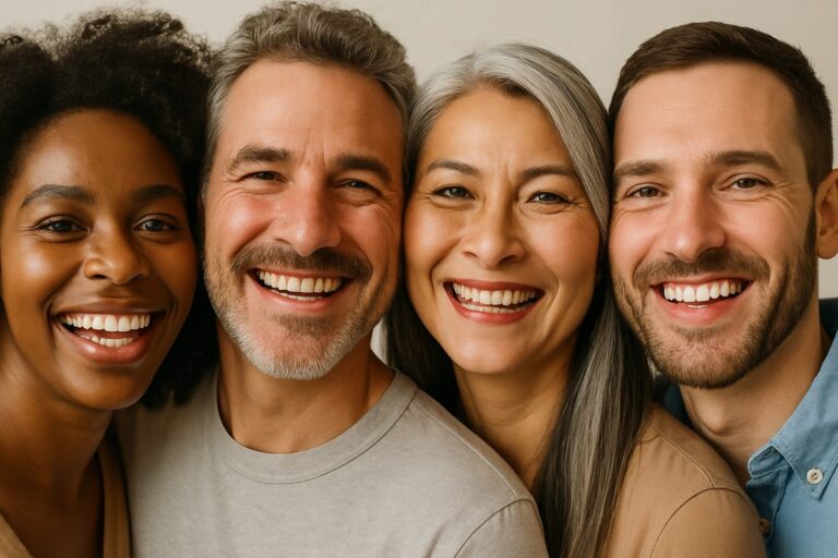 Close up shot of a diverse group of adults smiling, highlighting healthy gum lines.