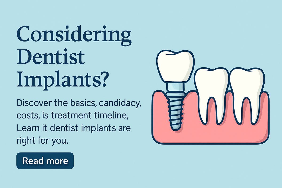 A dentist smiling and pointing to a set of gleaming white dental implants in a patient's mouth, showcasing a confident smile transformation. The text on the image says "Are Dental Implants Right For You?"