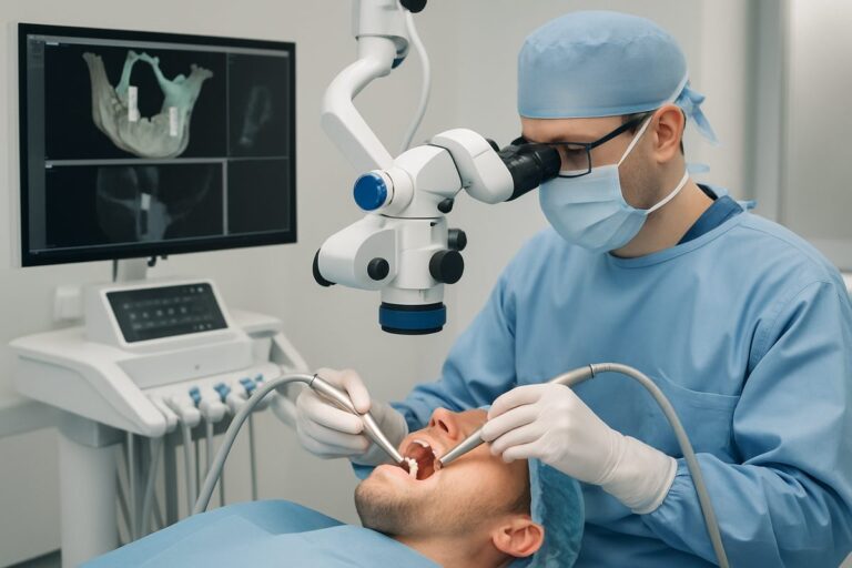 A dentist is performing implant dental surgery on a patient, utilizing advanced technology for precision. The scene showcases a sterile environment with modern equipment, highlighting the blend of expertise and innovation in dental implant procedures. No text on the image.