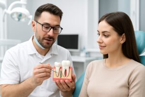 Image of a dentist explaining the implant tooth procedure using a dental model to a patient in a modern dental office. No text on image.
