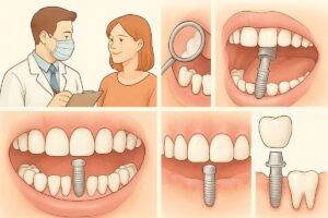 Image depicting the five steps for tooth implant including initial consultation, mouth preparation, implant placement, healing, and abutment placement. No text on the image.