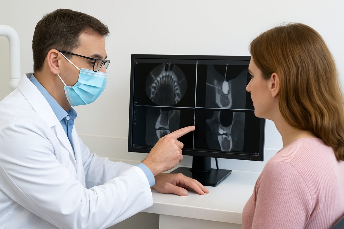 An image of a dentist reviewing a CT scan with a patient, pointing to an area where a bone graft has successfully integrated, indicating readiness for dental implant placement. No text on the image.