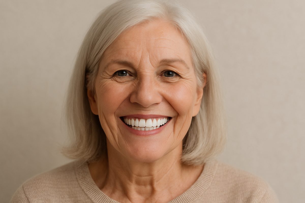 Photo of a smiling senior woman with permanent full mouth dental implants, showcasing a natural-looking and confident smile. No text on image.