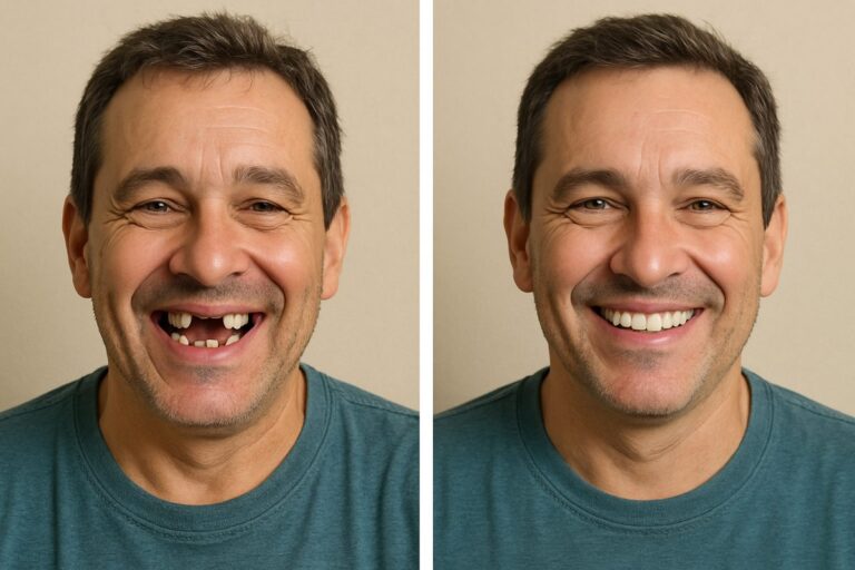 A person with missing teeth smiles, then the same person smiles again, this time with a complete set of implanted teeth. No text on the image.