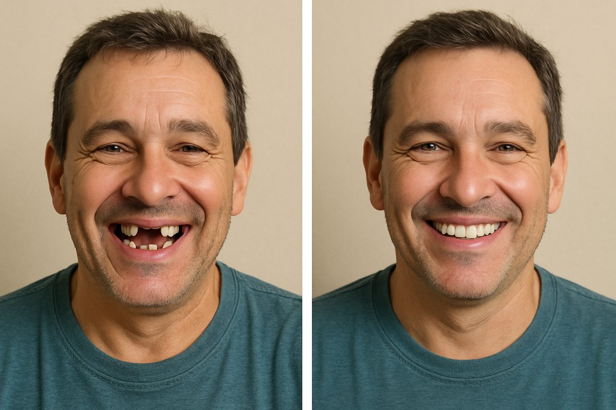 A person with missing teeth smiles, then the same person smiles again, this time with a complete set of implanted teeth. No text on the image.