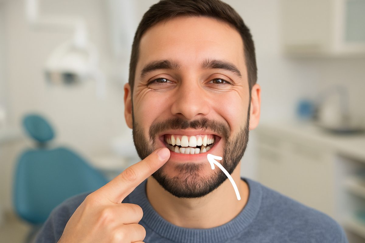 Photo of a patient smiling, pointing to a damaged or "dent" tooth in their mouth, with an arrow highlighting the specific tooth. The background should be a blurred dental office setting. No text on image.