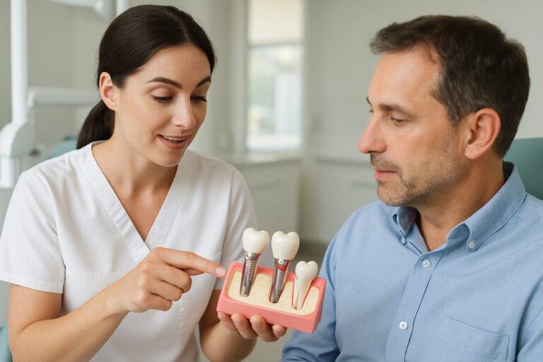 Photo of a dental professional explaining the steps of a dental implant procedure to a patient using a model of a jaw with implants, abutments, and crowns. No text on image.
