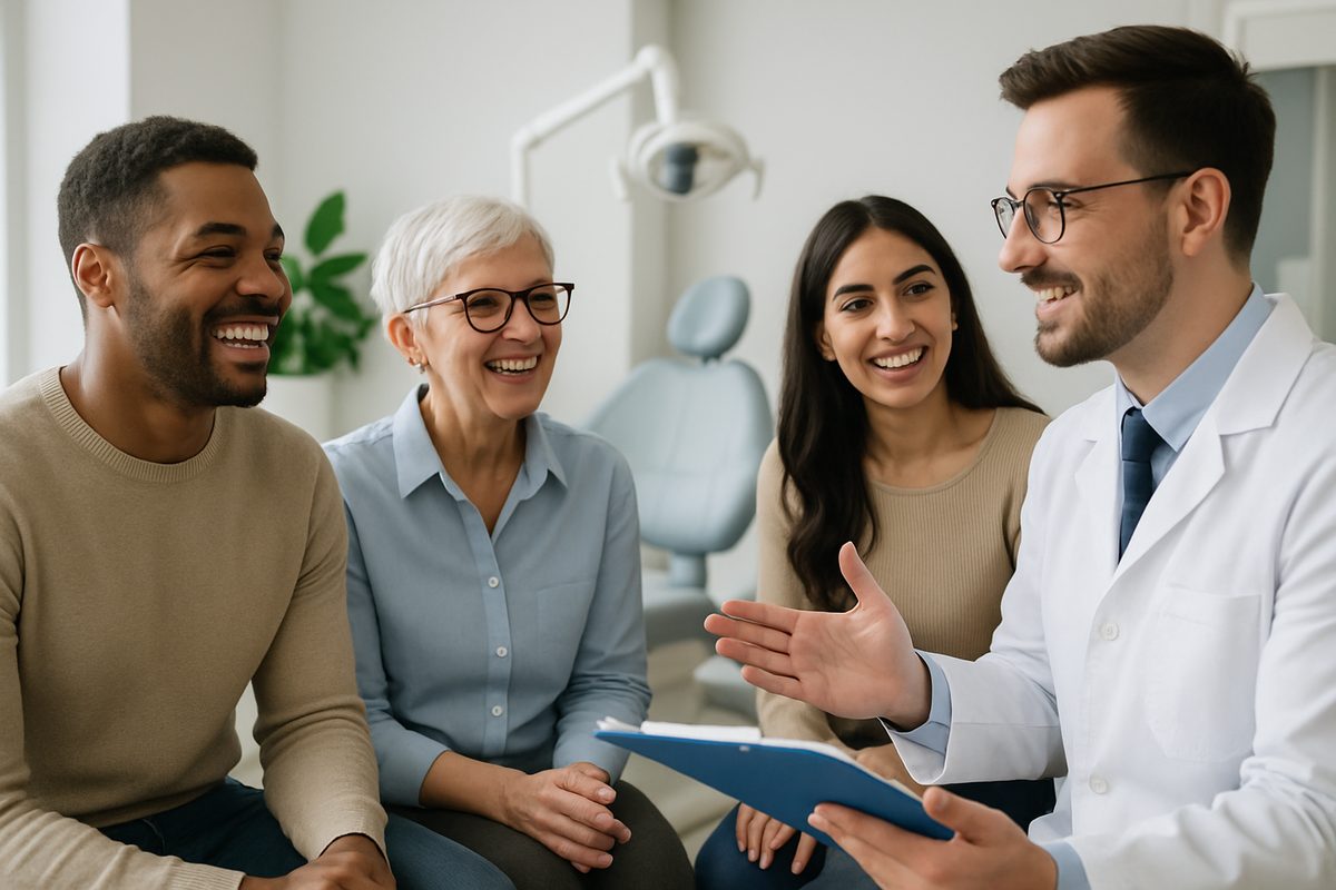 A diverse group of people are happily talking to a dentist in a modern dental office, inquiring about eligibility and how to "apply for dental implants". No text on image.