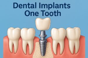 A close-up image of a dentist placing a single dental implant into a patient's jaw, with the abutment visible. The focus is on the precision and care involved in the dental implant procedure. No text on image.