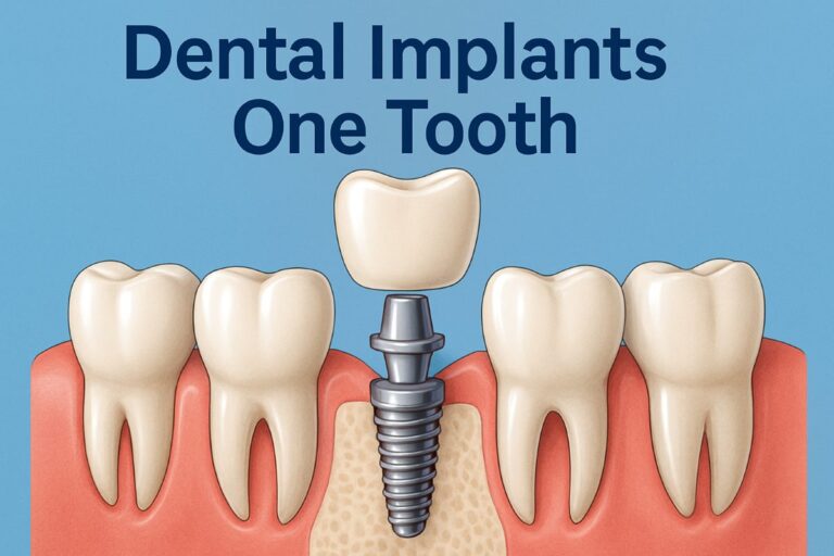 A close-up image of a dentist placing a single dental implant into a patient's jaw, with the abutment visible. The focus is on the precision and care involved in the dental implant procedure. No text on image.