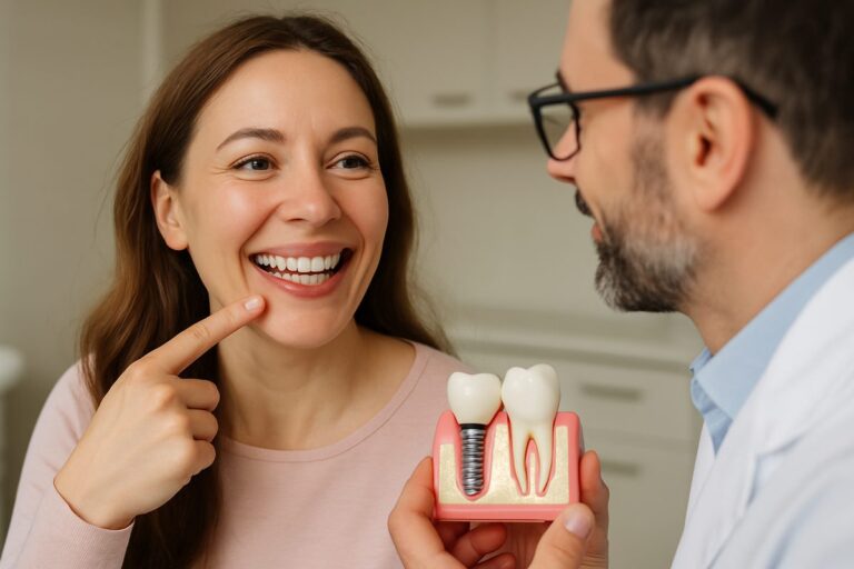 Close up of a smiling woman pointing to her dental implant while talking with her dentist. No text on the image.