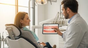 Dental professional consulting with patient about gum health