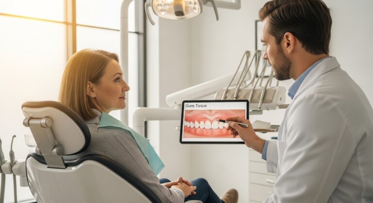 Dental professional consulting with patient about gum health